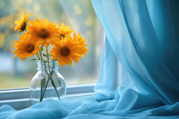 Warm Sunlight Filtering Through Light Blue Gauze Curtains