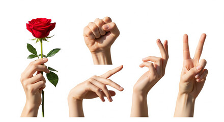 Expressive Hands in Various Gestures: A composition of hands conveying emotions through gesture: holding a rose, making a fist, forming scissors, and showing peace.