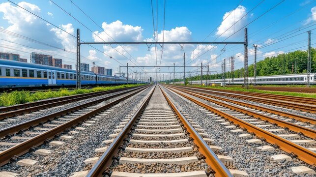 Straight railway tracks stretching into the distance, bordered by train cars and greenery under a clear sky