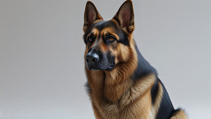 Majestic German Shepherd Dog in Studio Portrait with Black and Tan Coat, Regal Pose, and Gradient Gray Background


