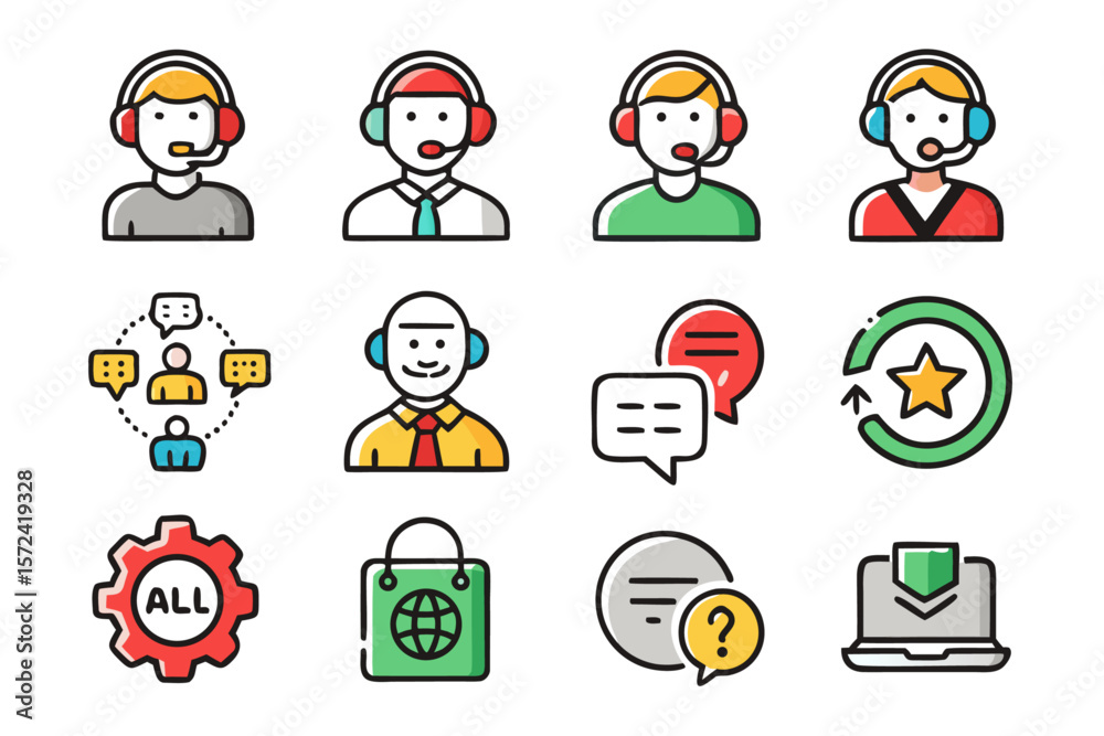 Poster comprehensive collection of colorful service and support symbols featuring assistance communication 