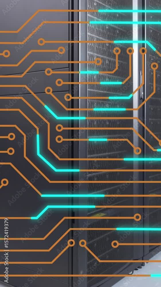 Poster animation of microprocessor connections against computer server room