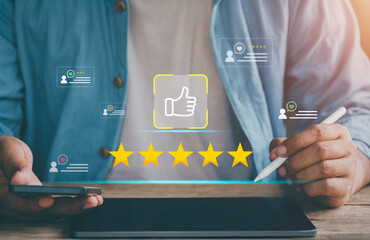 Online customer satisfaction survey concept. Consumer giving five star rating and positive feedback...
