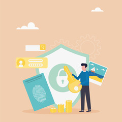 Fingerprint scanning, identification system. Data protection concept. The man holds the key. Flat cartoon style. Vector illustration.	