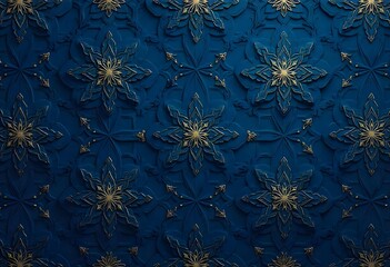 Seamless geometric Islamic pattern featuring interlocking stars and hexagons in subtle gold lines on a dark blue background 