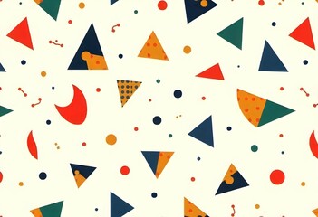 Seamless repeating pattern of colorful geometric Memphis shapes on white background, bold retro style