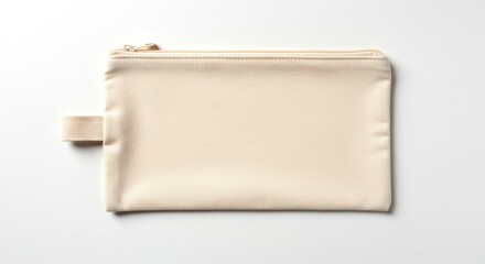 Photo of A creamcolored fabric pouch with a zipper lies flat on a white surface in a studio