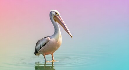 Graceful Pelican Stands Serene Amidst a Dreamy Pastel Dawn

