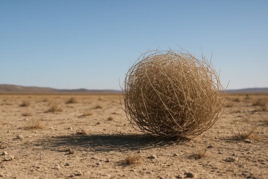 Desolate desert tumbleweed landscape.