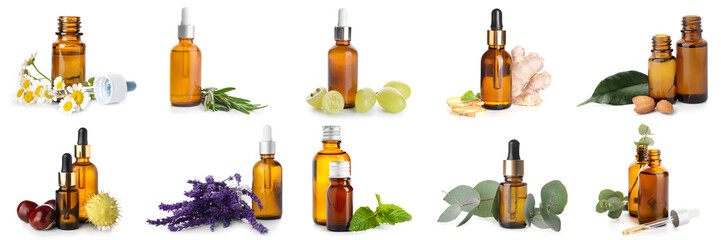 Set of different essential oils on white background