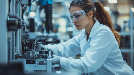 Female factory worker wearing safety goggles assembling parts on high-tech production line