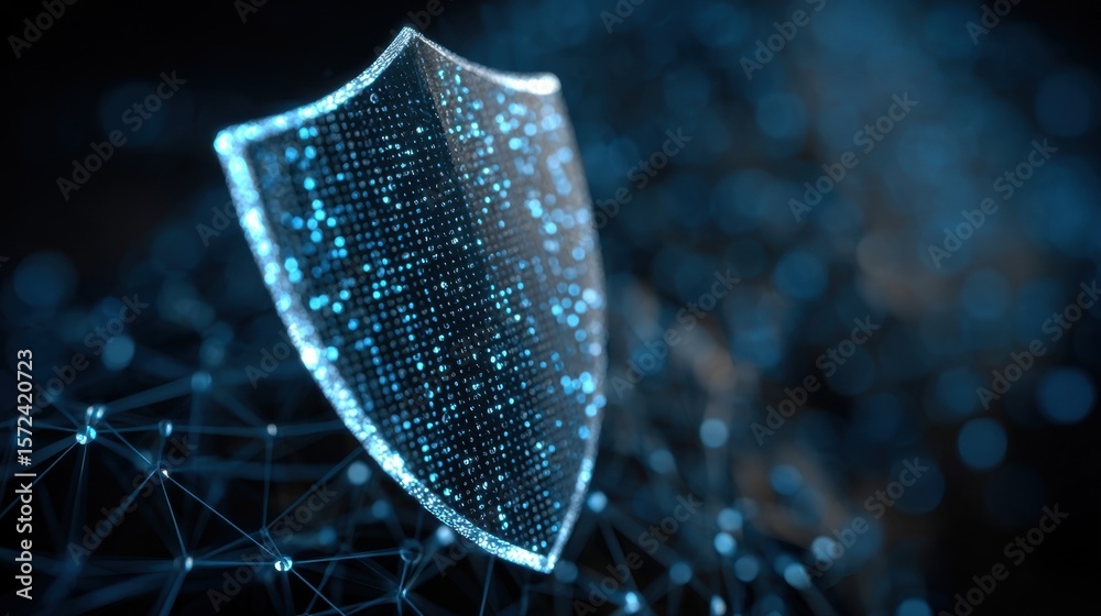 Poster closeup of a glowing shield icon overlaying a digital network backdrop illustrating advanced encrypt