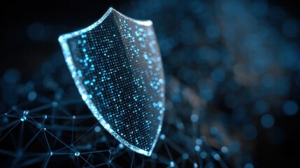 Closeup of a glowing shield icon overlaying a digital network backdrop illustrating advanced encryption and data safety. Represents a robust defense against cyber attacks in a hightech