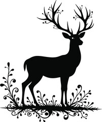 Vector art of silhouette deer with decorative foliage isolated on white background