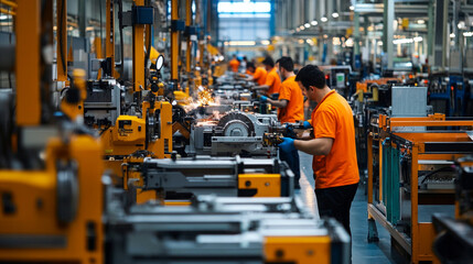 Fototapeta premium Factory floor with workers in orange vests using electric tools to assemble machinery
