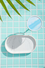 White ceramic trays and mirrored circles arranged thoughtfully on mint tile. Reflections of palm...