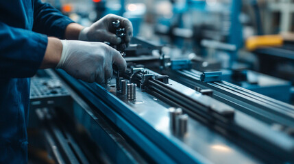 Close-up of worker attaching screws to metal housing on production line