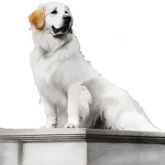 Cute purebred golden retriever puppy sitting on a chair, looking at the camera against a white background