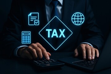Businessman using calculator and laptop with glowing tax and global finance icons