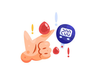 Illustration of a hand with a blood glucose meter, a blood drop symbol, and an exclamation mark. Glucometer. Diabetes awareness concept. Flat design style. Asset elements, World Diabetes Day