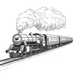 Steam locomotive vector illustration of an old train engine on metal railroad tracks, perfect for travel and transport designs