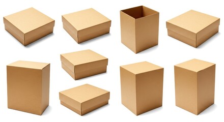 Fototapeta premium Photo of A set of brown cardboard boxes in different positions isolated on white background