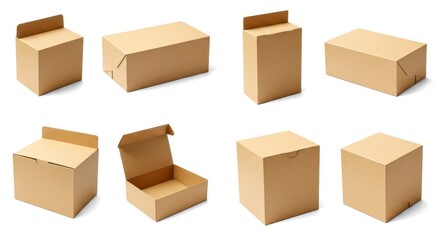 Fototapeta premium Photo of A group of brown cardboard boxes and containers isolated on white background