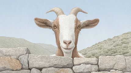 Smiling Goat Behind Stone Wall