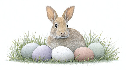 Easter Bunny with Colorful Eggs in Grass