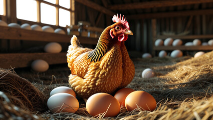 Close-Up of a Hen with Bright Red Comb and Brown Eggs Nestled in Straw with Rustic Wooden Background and Soft Sunlight