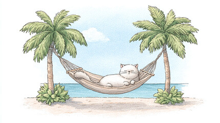 Relaxing Cat in a Hammock on a Tropical Beach