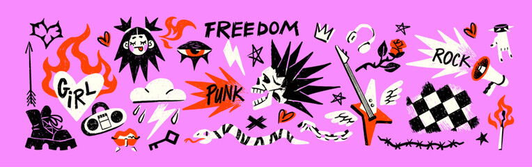 Punk rock graffiti set. Doodle sketches of grunge tattoo. Scribble grafitti of skull, guitar, heart, flower, flame. Cute drawing design elements with texts. Hand drawn isolated vector illustrations