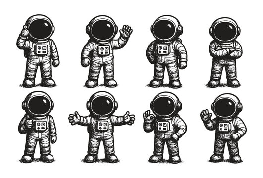 Set of adorable black and white astronauts in different poses, suitable for kids, space lovers, and adventure themes.