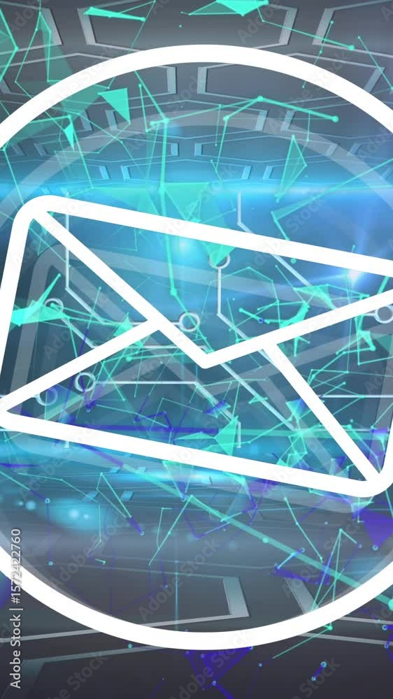 Poster animation of message icon over light spot, plexus networks and microprocessor connections