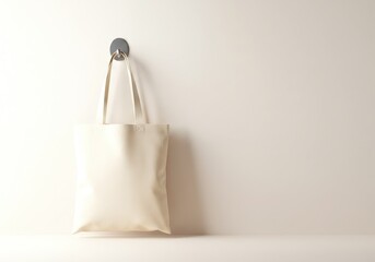 Photo of A beige canvas tote bag hangs on a hook against a neutral wall