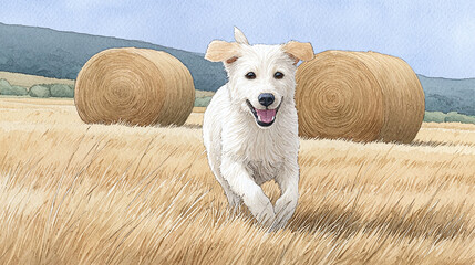 Playful White Dog in a Golden Wheat Field
