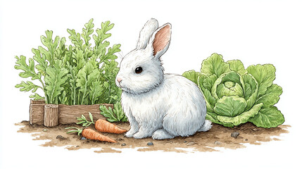 Adorable White Rabbit in a Garden with Vegetables