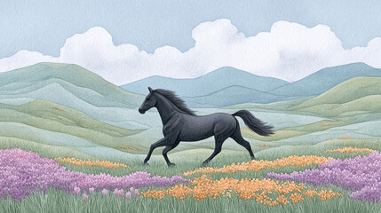 Majestic Black Horse in a Floral Meadow