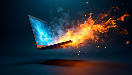 Fototapeta premium Digital Fusion: A high-concept visual representation of technology meets nature, with a laptop computer erupting in a mesmerizing display of fire and ice elements.