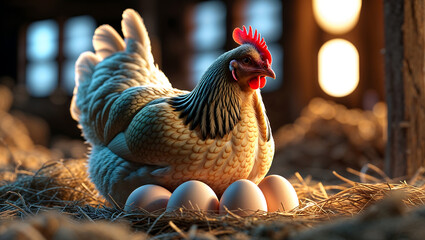 Realistic Farm Scene Featuring a Hen Among Dozens of Brown Eggs in a Sunlit Wooden Barn with Cozy Rural Atmosphere