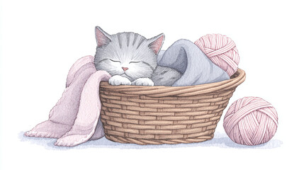 Sleepy Kitten in a Basket with Yarn