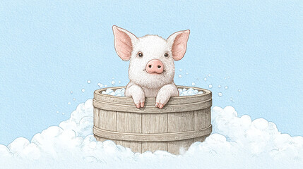 Adorable Piglet in a Wooden Bath Tub