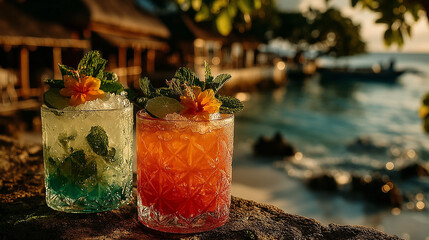 Refreshing beach cocktails with mint and tropical flowers at sunset