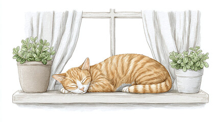 Sleepy Cat on a Windowsill