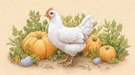 Charming White Chicken with Pumpkins