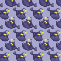 Abyss creatures pattern with spooky black seadevils and dark background. Halloween deep sea fish  texture hand drawn illustration.