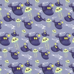 Abyss creatures pattern with spooky jellyfish, angler fish or black seadevils and light background. Halloween deep sea texture hand drawn illustration.