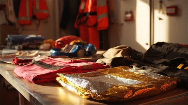 Closeup of a thermal protective aid showcasing its reflective material and insulated inner lining laid out on a table alongside safety equipment in a welllit ship cabin.