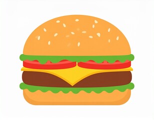 A simple flat vector illustration of a single cheeseburger, with bun, lettuce, tomato, cheese, and patty. Minimalist style, bold colors, no background, isolated on white