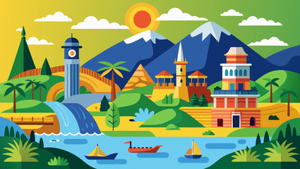 Fototapeta premium Vector art of a picturesque illustration depicting a vibrant landscape with majestic mountains, a cascading waterfall, and charming buildings along a tranquil river